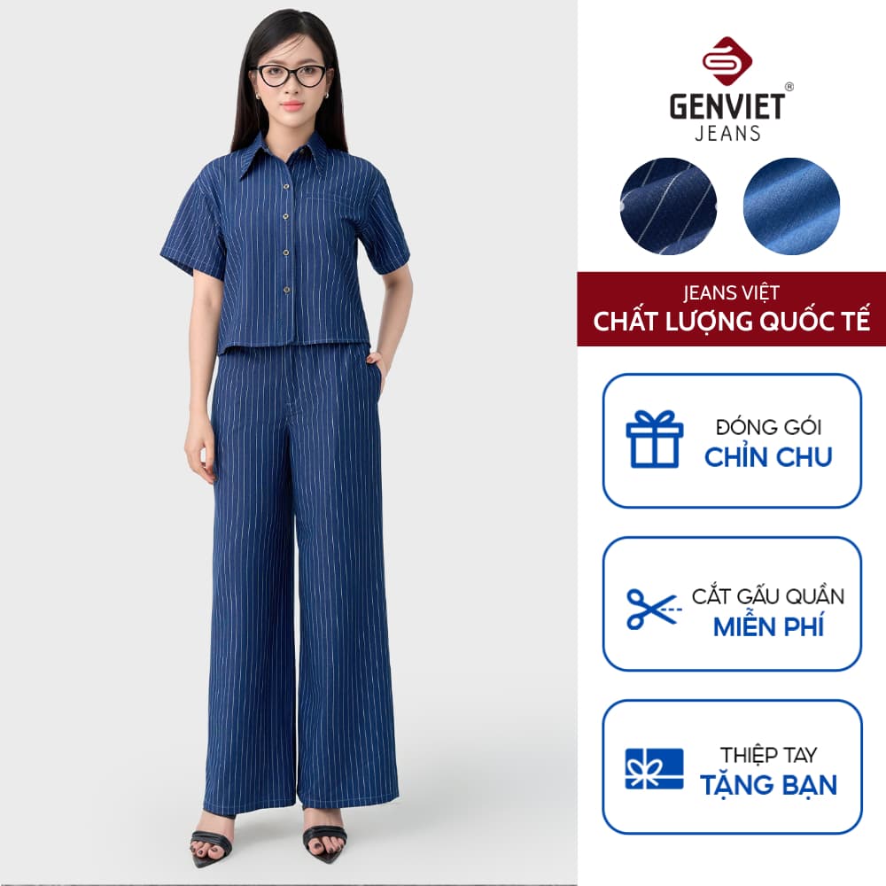 [ẨN] Quần bò nữ GENVIET JEANS chất liệu cotton cao cấp dáng suông rộng cạp chun kẻ sọc 9012
