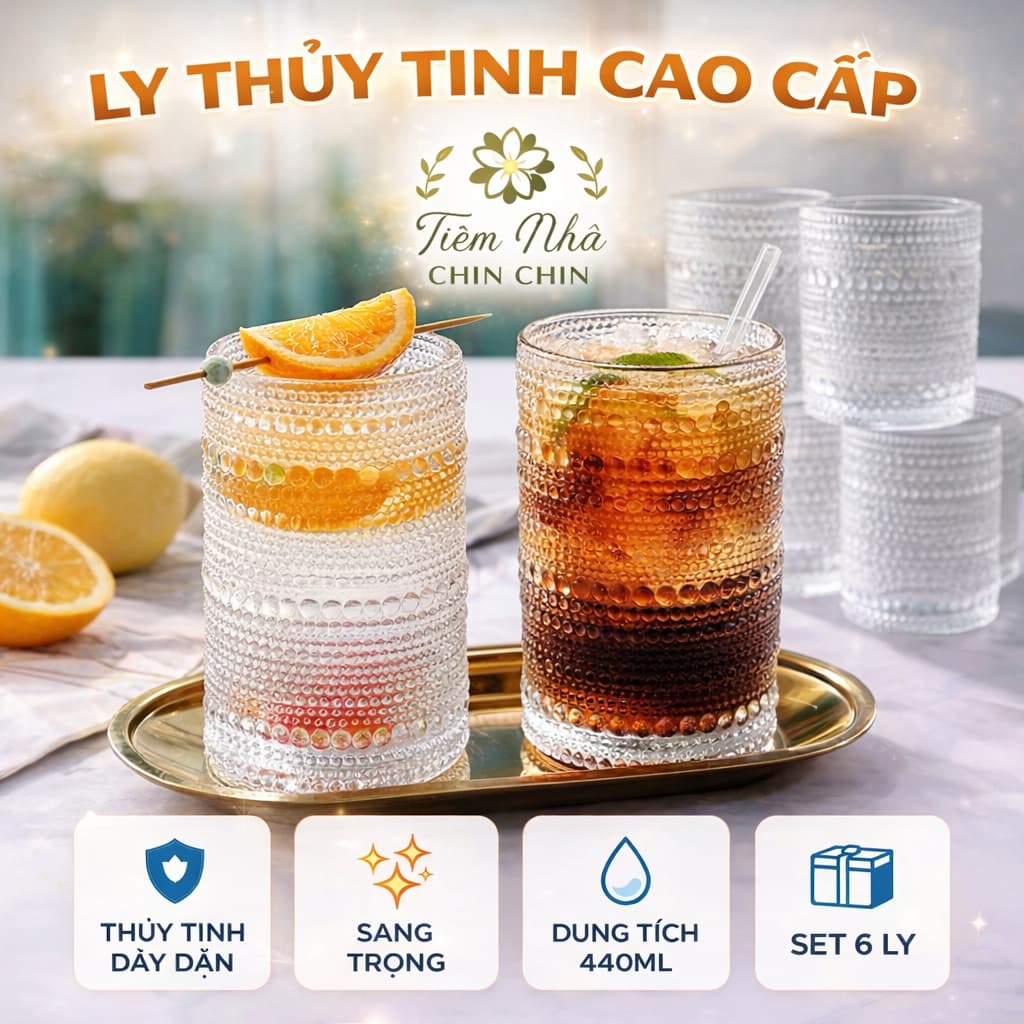 Cốc Thuỷ Tinh Cao Cấp Hàng Loại 1 Hoạ Tiết Sang Trọng Thể Tích 440ml