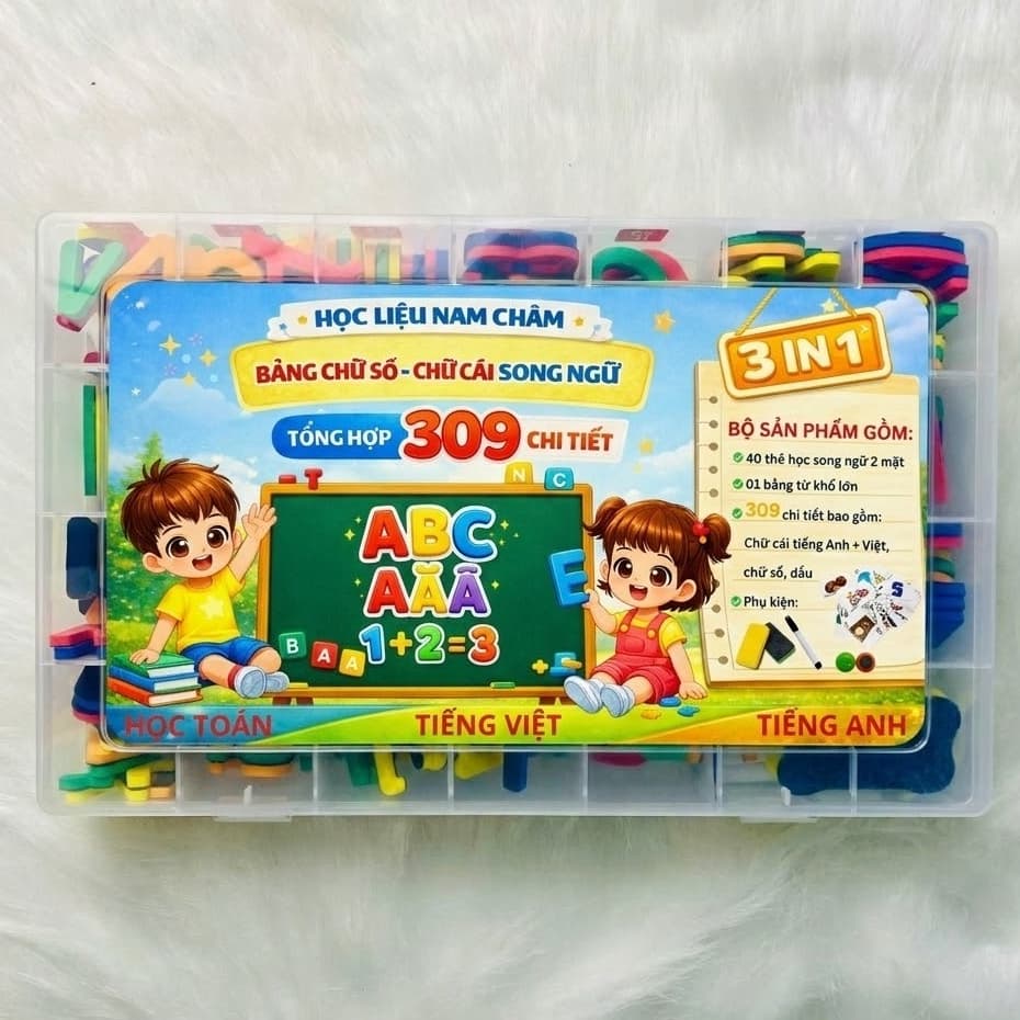 Bảng Nam Châm Chữ Số & Chữ Cái Song Ngữ 3IN1 (309 Chi Tiết) - Giúp Bé Học Tiếng Việt, Tiếng Anh và Toán