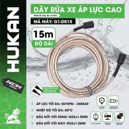 [15M] Dây rửa xe áp lực cao HUKAN G1-DR15, Chống ngập, Chống rò - Độ dài 15 mét - Đầu nối M22x1.5mm 1