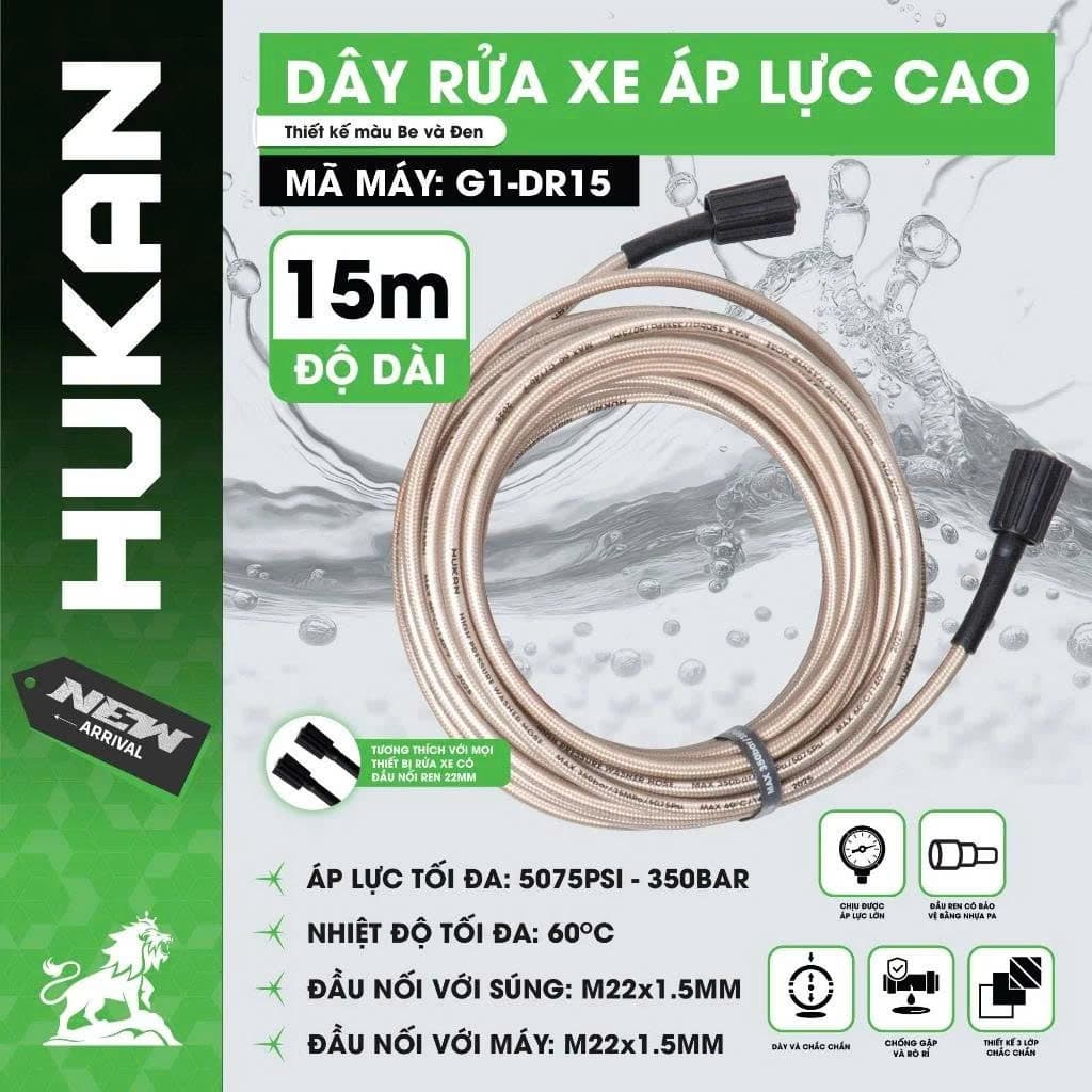 [15M] Dây rửa xe áp lực cao HUKAN G1-DR15, Chống ngập, Chống rò - Độ dài 15 mét - Đầu nối M22x1.5mm