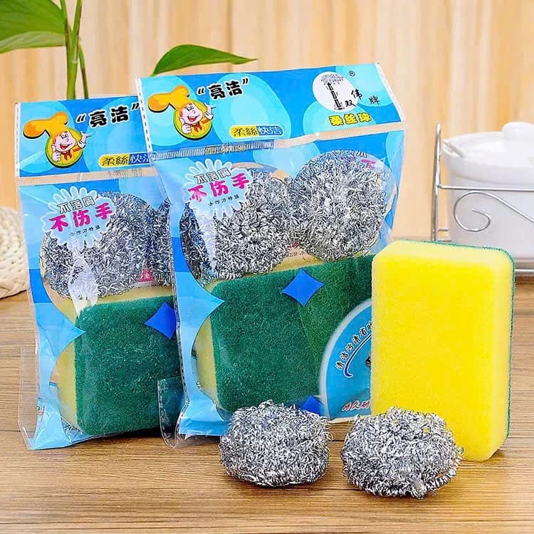 Combo Miếng Rửa Chén 3 Món – 1 Bọt Biển + 2 Búi Sắt Cọ Xoong Nồi, Rửa Bát Siêu Sạch Đánh Bay Dầu Mỡ