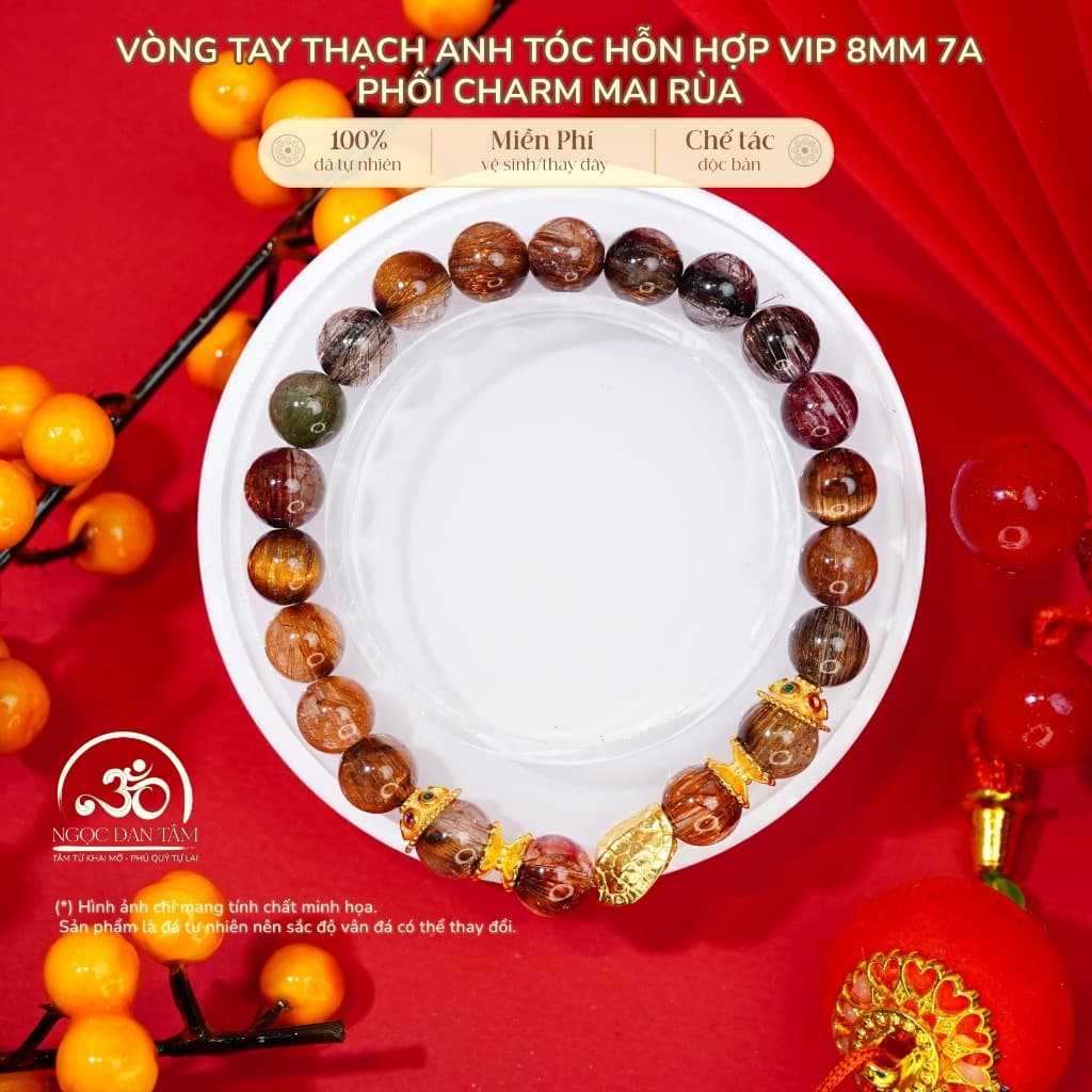 Ngọc Đan Tâm - Vòng Tay Thạch Anh Tóc Hỗn Hợp Vip 8mm 7A Phối Charm Mai Rùa - Đa Mệnh