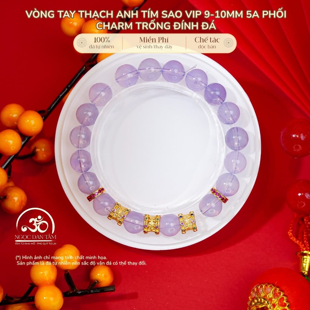 Ngọc Đan Tâm - Vòng Tay Thạch Anh Tím Sao Vip 9-10mm 5A Phối Charm Trống - Mệnh Hoả & Mệnh Thổ