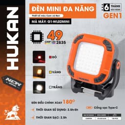 Đèn tích điện có sạc lại HUKAN G1-WL02mini, 49 Chip LED, Dùng 2.5 - 5 giờ, Cổng sạc type C 1