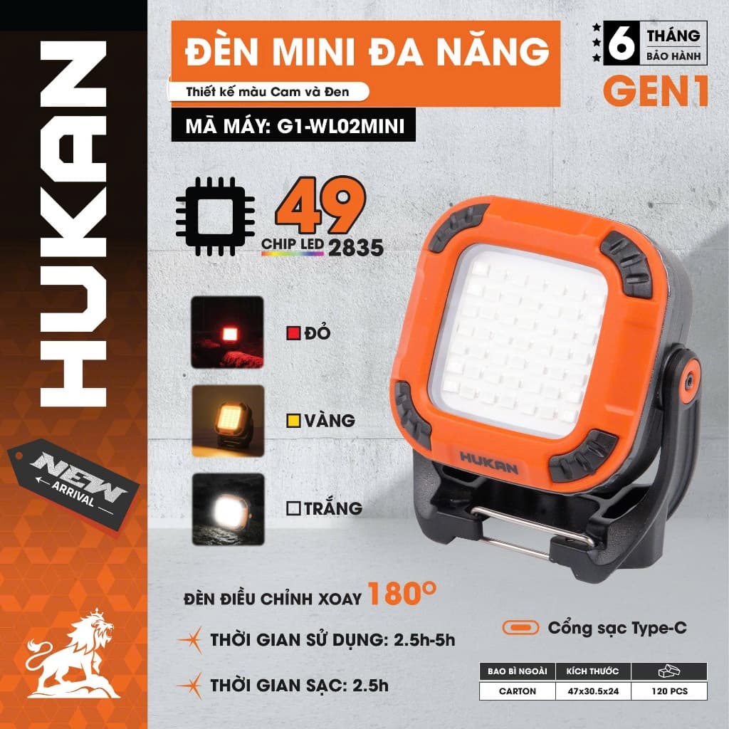 Đèn tích điện có sạc lại HUKAN G1-WL02mini, 49 Chip LED, Dùng 2.5 - 5 giờ, Cổng sạc type C