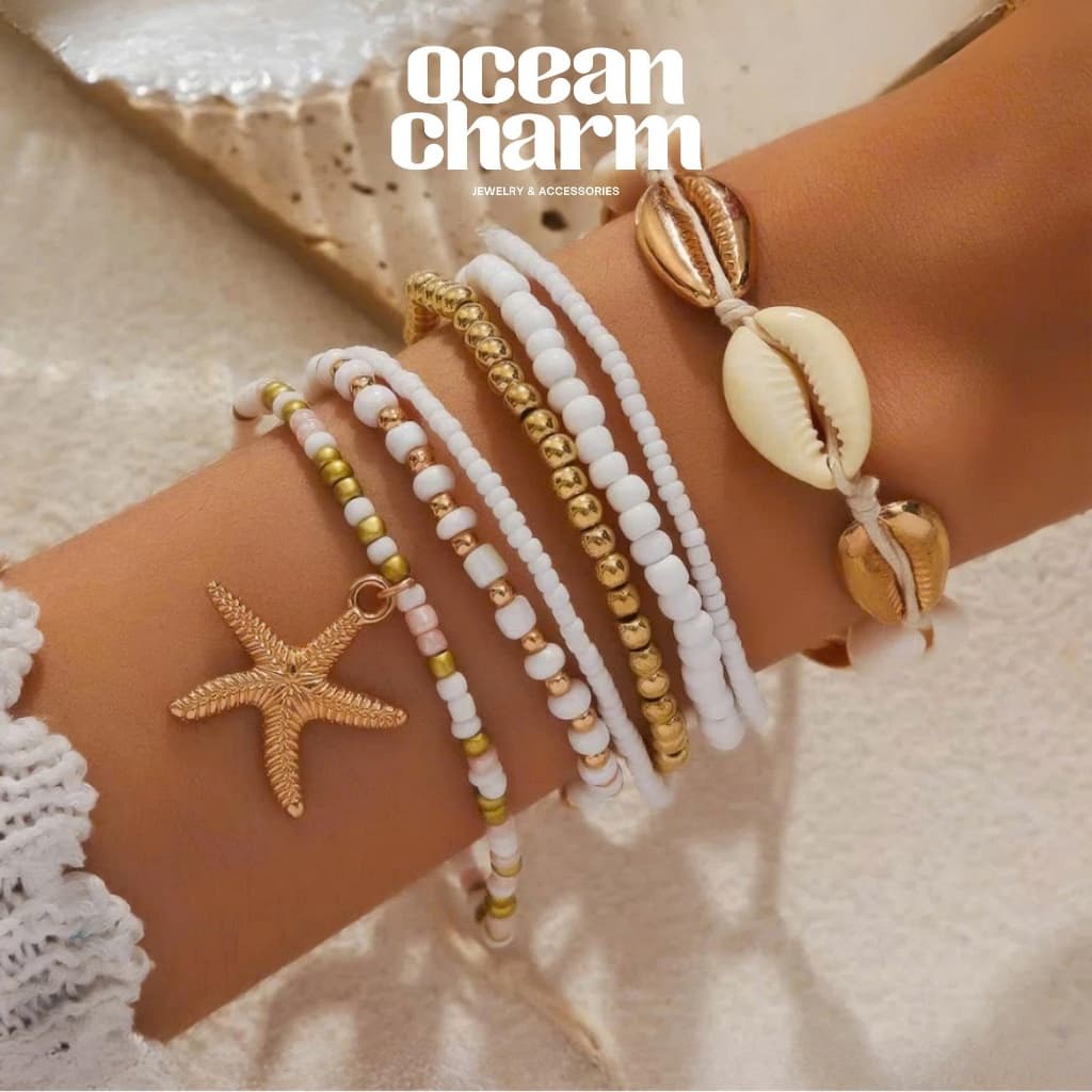 Bộ 7 Vòng Tay Vòng Chân Hạt Cườm Sao Biển Vỏ Sò - Quà Tặng Vibe Ocean Charm, Set Vintage Y2K, Phụ Kiện Nữ Đẹp