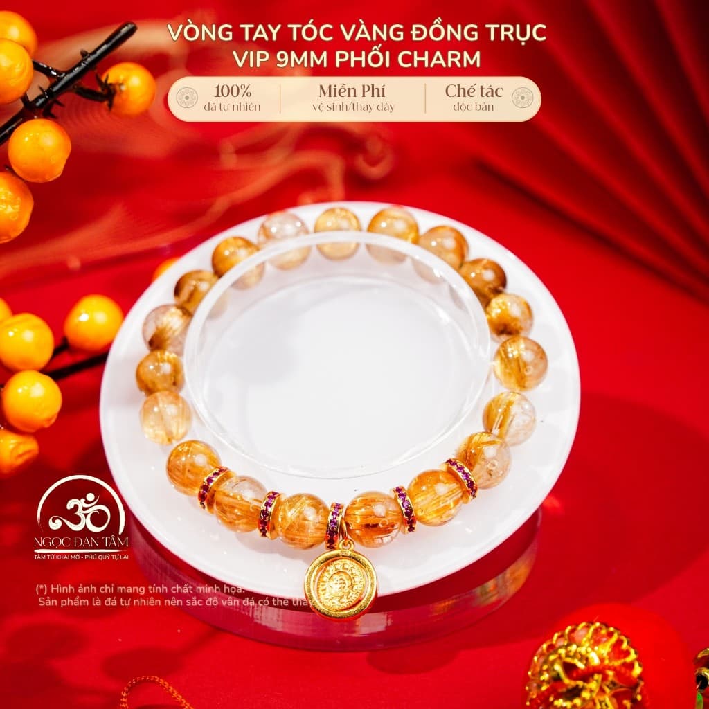 Ngọc Đan Tâm - Vòng Tay Thạch Anh Tóc Vàng Đồng Trục Vip 9mm Phối Charm - Mệnh Kim & Mệnh Thổ