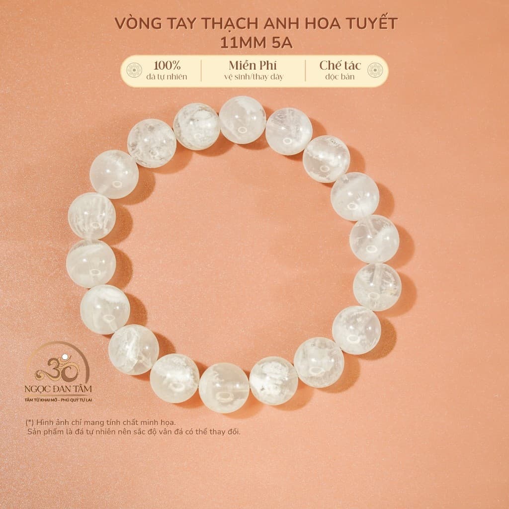 Ngọc Đan Tâm - Vòng Tay Thạch Anh Hoa Tuyết 11mm 5A - Mệnh Kim & Mệnh Thuỷ