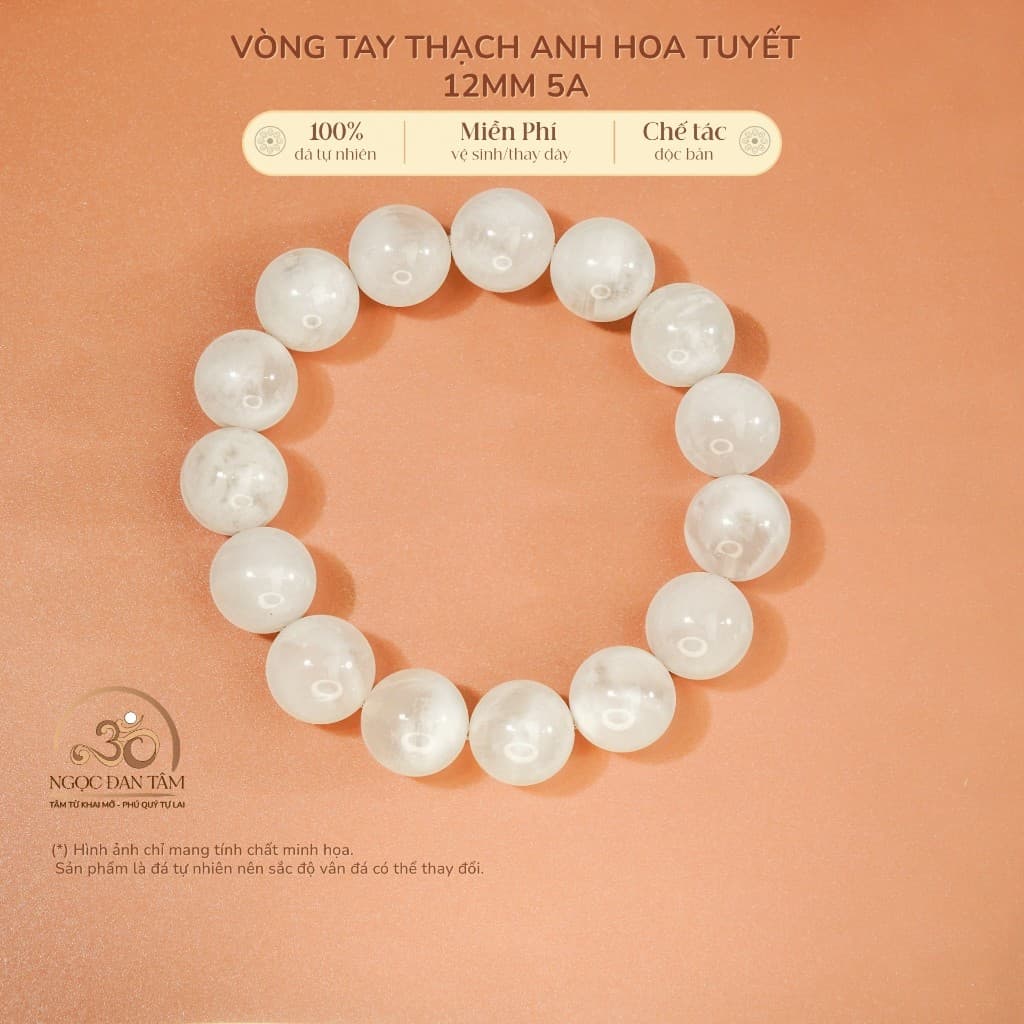 Ngọc Đan Tâm - Vòng Tay Thạch Anh Hoa Tuyết 12mm 5A - Mệnh Kim & Mệnh Thuỷ