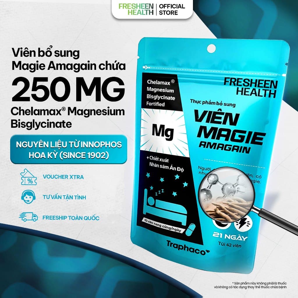 Viên bổ sung Magie AMAGAIN sử dụng Chelamax® Magie Bisglycinate (Mỹ) - phân phối bởi Fresheen Healthh