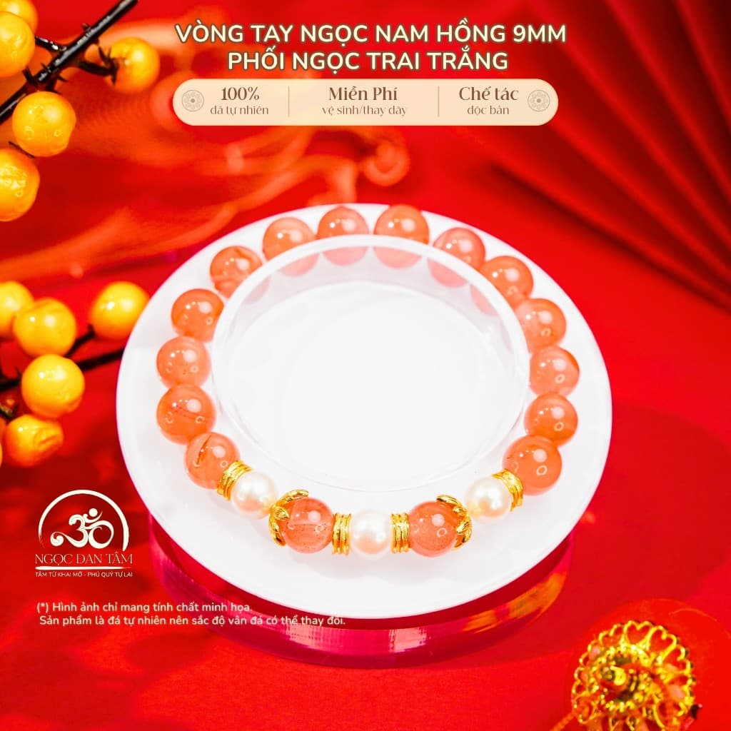 Ngọc Đan Tâm - Vòng Tay Ngọc Nam Hồng 9mm Phối Ngọc Trai Trắng 8mm - Mệnh Hoả & Mệnh Thổ