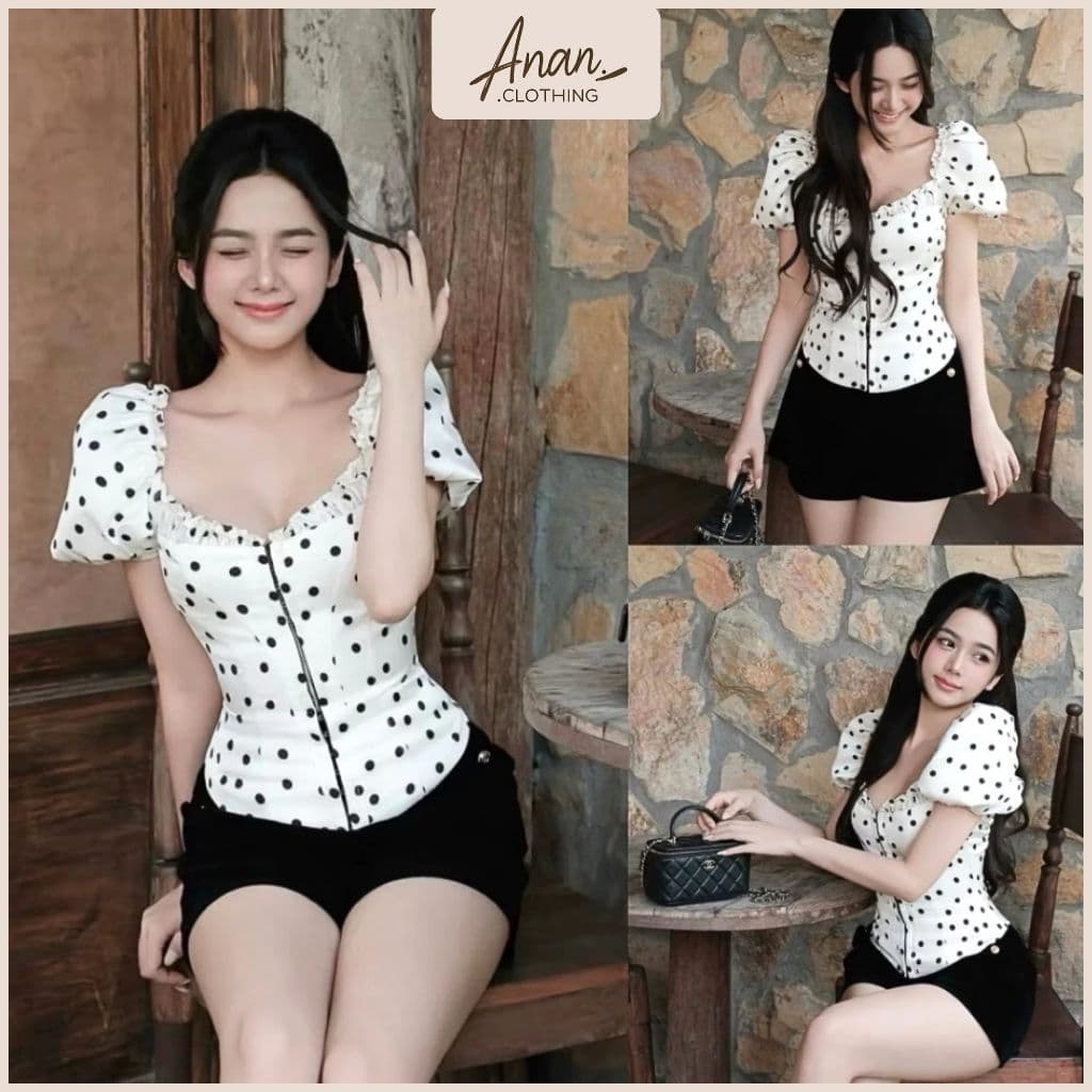 (Mút+Gọng) Áo Chấm Bi Cổ Vuông Tay Phồng Ôm Eo Croset Mắc Gài Tôn Dáng Sang Trọng Ananclothing