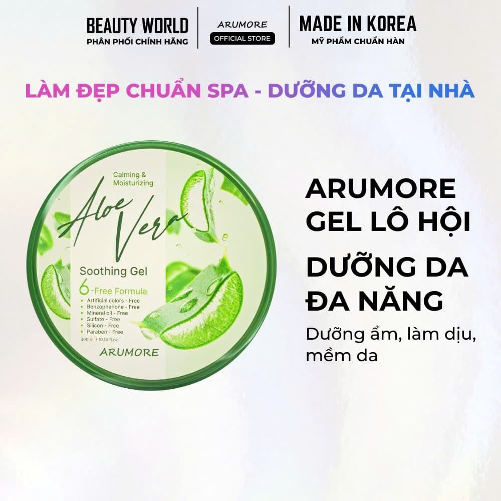 Gel Lô Hội Dưỡng Da Đa Năng Arumore Aloe Vera Làm Dịu Cấp Ẩm Phục Hồi Da Mềm Mịn 300ml