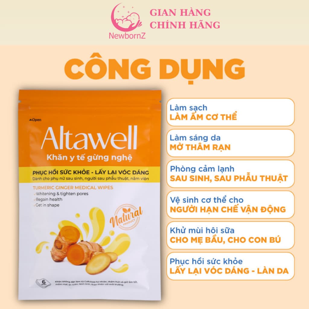 Gói Khăn y tế gừng nghệ Altawel giúp giảm thâm, mờ rạn, lấy lại vóc dáng cho phụ nữ sau sinh