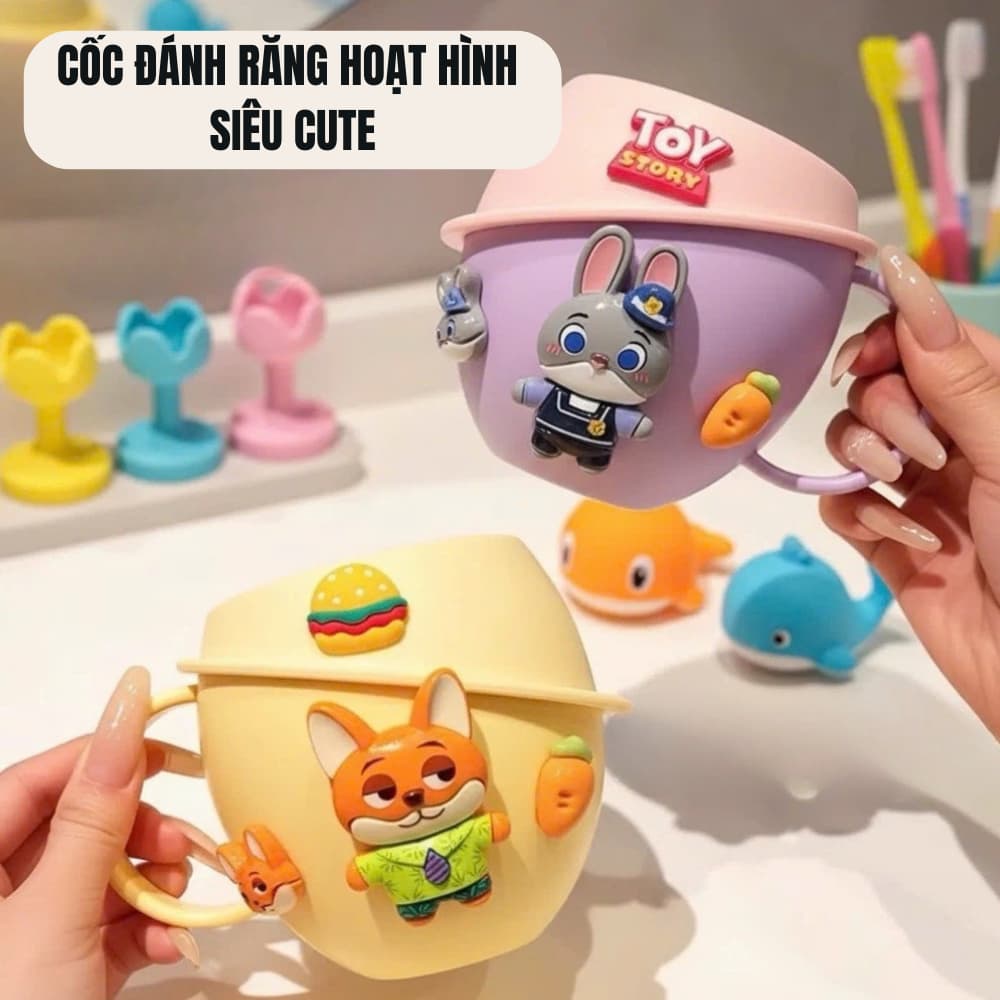 Cốc Đánh Răng Cho Bé Kèm Bàn Chải Hoạt Hình – Cốc Súc Miệng Có Nắp Chống Bụi, Bàn Chải Lông Mềm Cho Trẻ