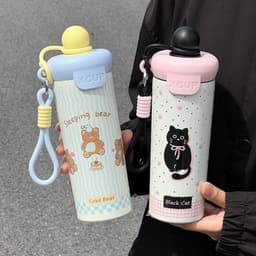 Bình Giữ Nhiệt 600ML Hoạ Tiết Mèo Con Dễ Thương Tặng Móc Khóa Trang Trí 1
