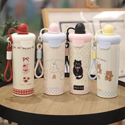 Bình Giữ Nhiệt 600ML Hoạ Tiết Mèo Con Dễ Thương Tặng Móc Khóa Trang Trí 6