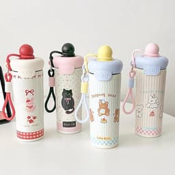 Bình Giữ Nhiệt 600ML Hoạ Tiết Mèo Con Dễ Thương Tặng Móc Khóa Trang Trí 3