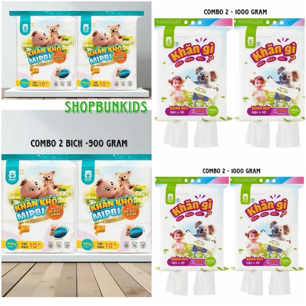Combo 2 Gói Khăn vải khô Mipbi giá rẻ cho mẹ và bé sơ sinh - 600g, 900g, 800g, 1000g 