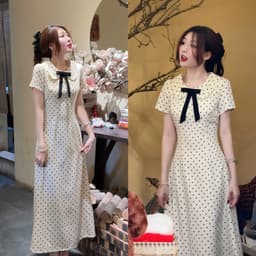 Váy ngắn tay cổ sen đính nơ họa tiết chấm bi chiết eo nhẹ nhàng dáng xòe xixeoshop - V26, V73 6