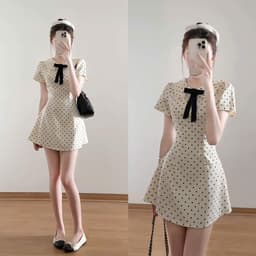 Váy ngắn tay cổ sen đính nơ họa tiết chấm bi chiết eo nhẹ nhàng dáng xòe xixeoshop - V26, V73 7