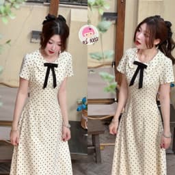 Váy ngắn tay cổ sen đính nơ họa tiết chấm bi chiết eo nhẹ nhàng dáng xòe xixeoshop - V26, V73 8