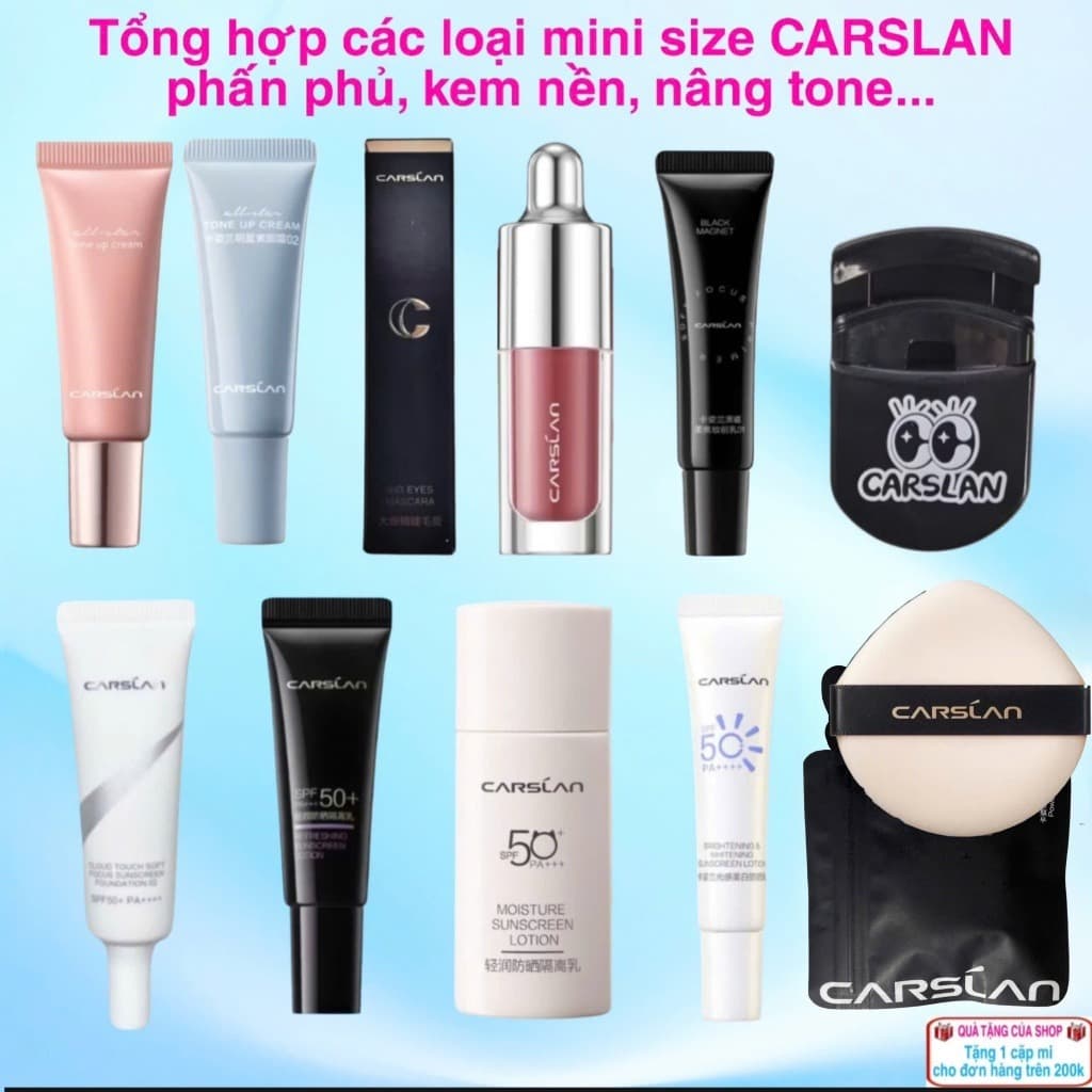 Tổng hợp mini size nhà CARSLAN:kem lót, kem nền, phấn phủ, kem nâng tone, son môi, mascara, kẹp mi..MP2K