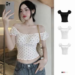 Áo Thun Nữ Trễ Vai Tay Bồng Viền Chun Nhún Ngực vải cotton mịn mát tôn dáng cho nữ m6044 1