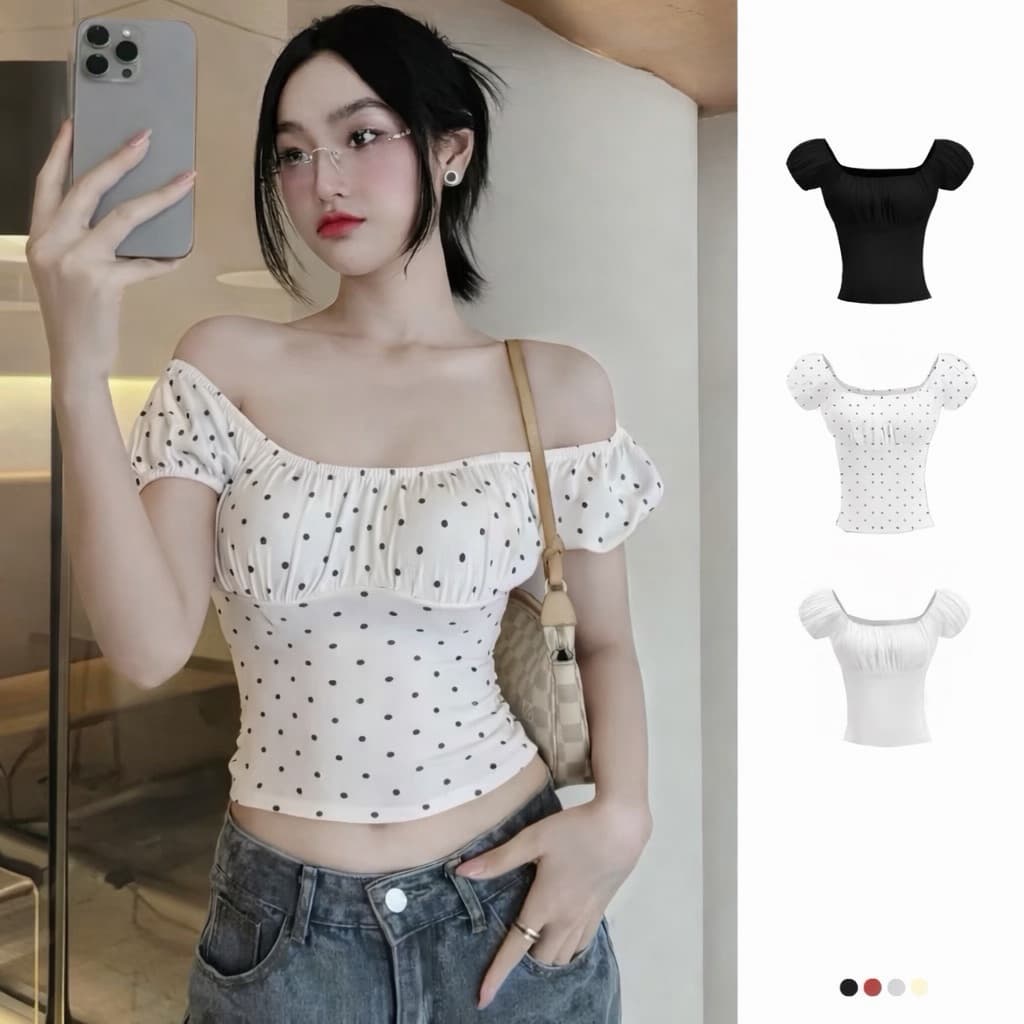Áo Thun Nữ Trễ Vai Tay Bồng Viền Chun Nhún Ngực vải cotton mịn mát tôn dáng cho nữ m6044