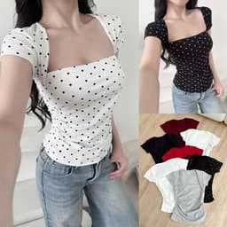 ÁO THUN CỘC TAY CỔ VUÔNG NHÚN EO TÔN DÁNG vải Cotton mịn mát mùa hè cho nữ m6038 1