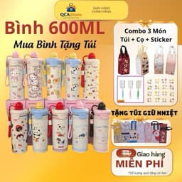 ( Hot Tặng Túi Giữ Nhiệt) Cốc 600ml Cách Nhiệt Hoạt Hình Thiết Kế Dễ Thương, Thép Không Gỉ SUS316 Có Ống Hút & Tay Cầm 1