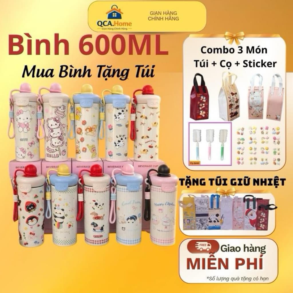 ( Hot Tặng Túi Giữ Nhiệt) Cốc 600ml Cách Nhiệt Hoạt Hình Thiết Kế Dễ Thương, Thép Không Gỉ SUS316 Có Ống Hút & Tay Cầm