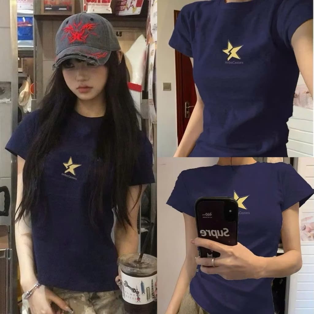 Áo croptop babytee cổ tròn xinh xắn ôm body in ngôi sao
