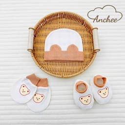 Set mũ bao tay bao chân sơ sinh cotton xuất Hàn Anchee cao cấp – Bộ mũ tai gấu mềm mịn, thoáng khí cho bé 0-6 tháng 3