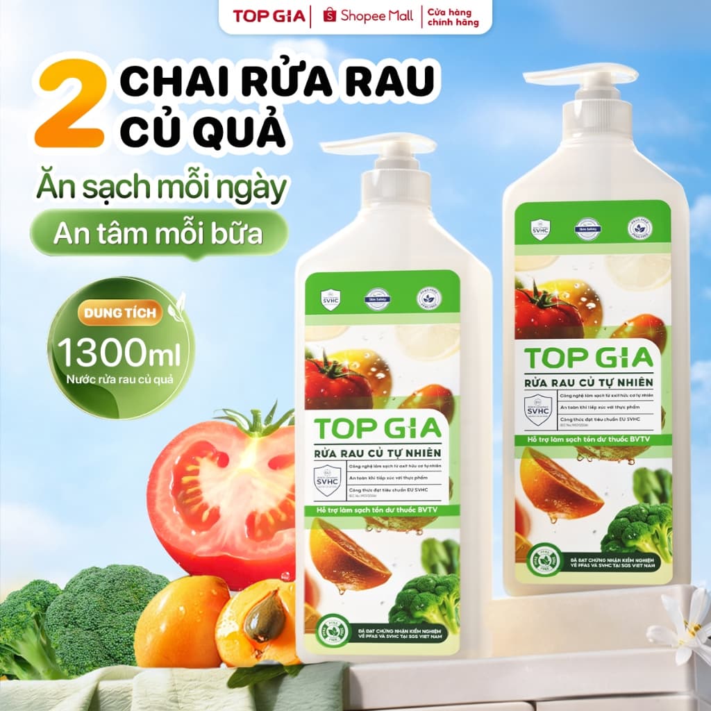 Nước Rửa Rau Củ Quả Tự Nhiên TOPGIA 1300ml Làm Sạch Bụi Bẩn Vi Khuẩn Và Hoá Chất Tồn Đọng Trên Thực Phẩm