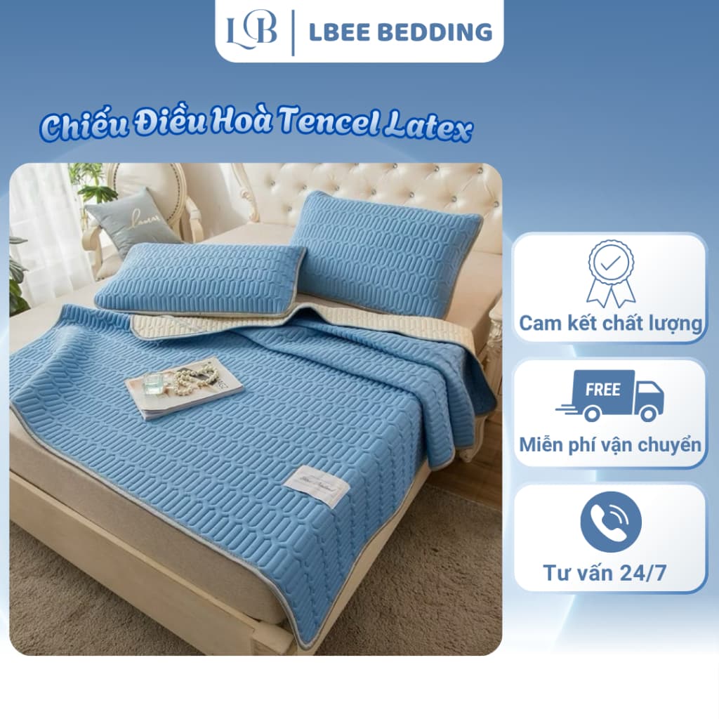 Chiếu Điều Hoà Tencel Latex, Bề Mặt Vải Tencel Mát Lạnh, Có Chun Bo 4 Góc Đủ Kích Thước (Tặng Kèm 2 Vỏ Gối)