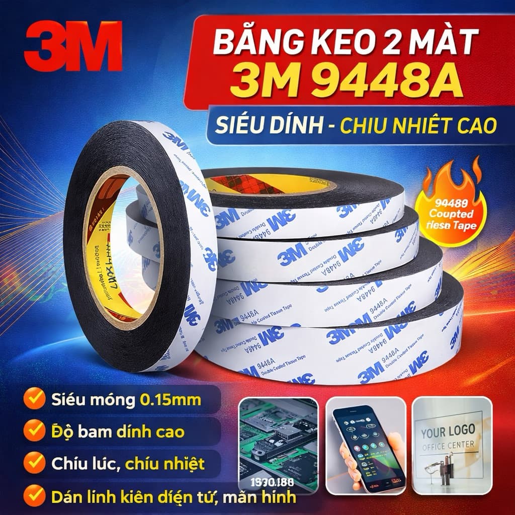 Băng Keo 2 Mặt 3M 9448A Siêu Dính – Chịu Nhiệt Cao, Dán Linh Kiện Điện Tử, Điện Thoại, Màn Hình