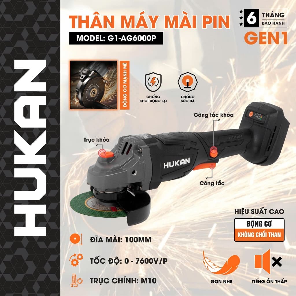 Máy cắt mài góc dùng pin HUKAN G1-AG6000P, Chân pin phổ thông, Chống sốc đá, Chống khởi động lại