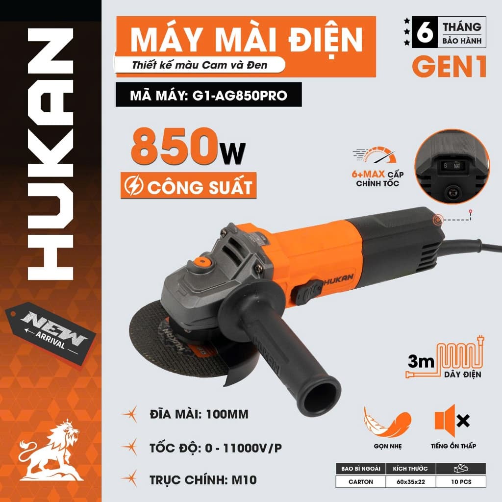 Máy Mài Cầm Tay HUKAN G1-AG850PRO, Công Suất 850w, 6+MAX cấp chỉnh tốc độ, Động cơ dây đồng 100%