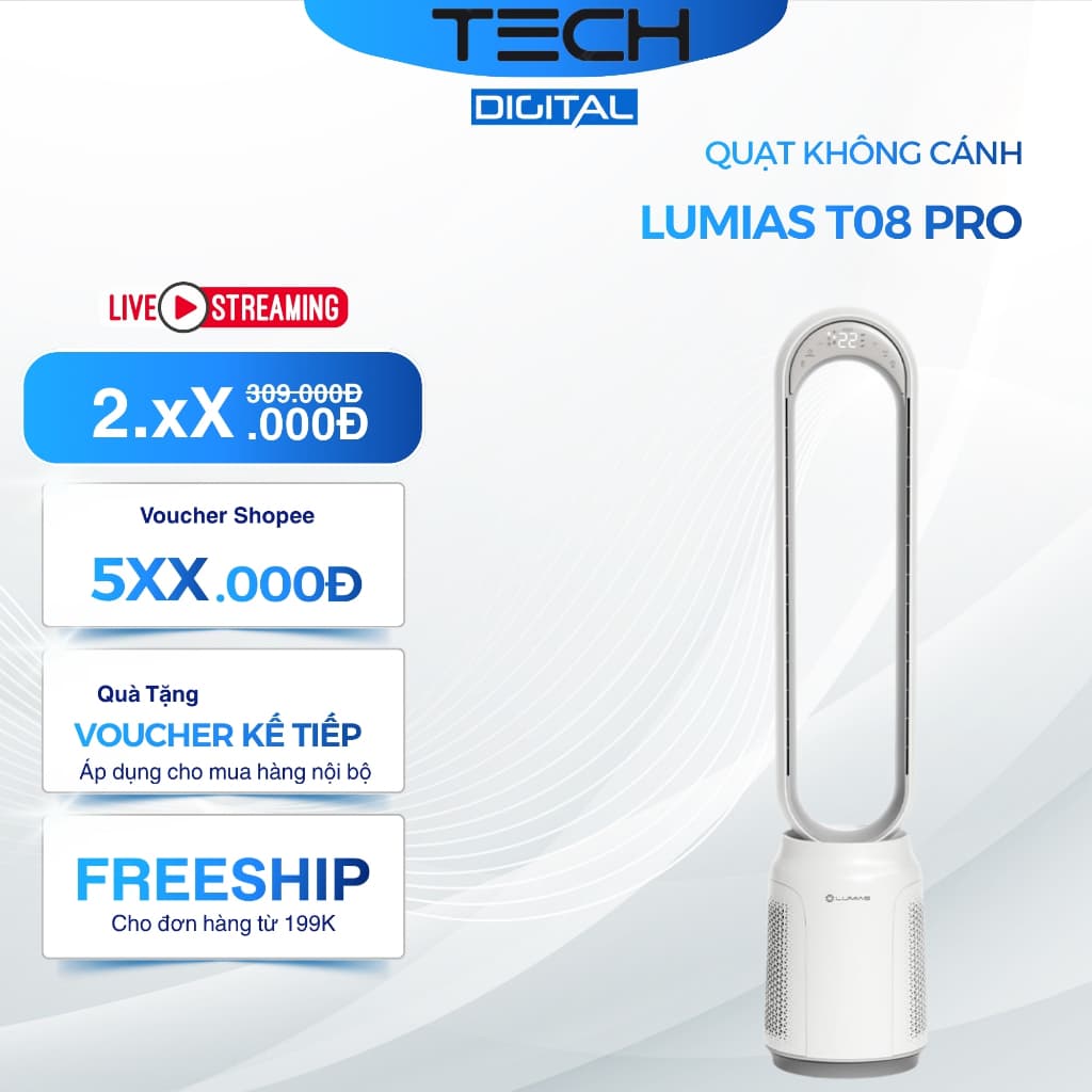Quạt Không Cánh Lumias T08 Pro, Kiêm Lọc Không Khí 38W - Bản Tiếng Việt