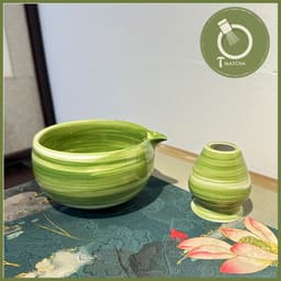 Bộ combo bát chawan và đế gác chổi chasen pha matcha xanh loang ( mã CW-38) 5