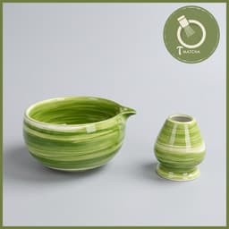 Bộ combo bát chawan và đế gác chổi chasen pha matcha xanh loang ( mã CW-38) 1