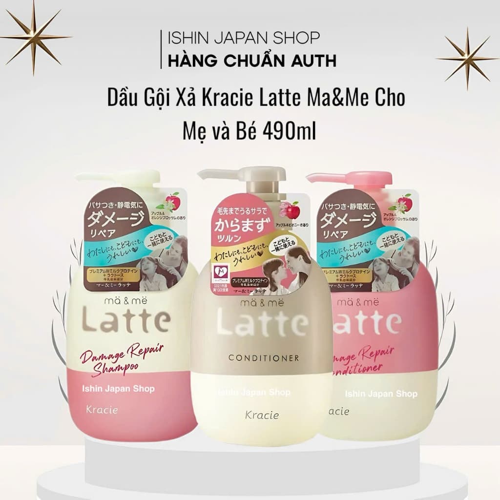 Dầu Gội Xả KRACIE MA & ME LATTE Damage Repair Nhật Bản cho Mẹ Và Bé 490ml– Phục hồi tóc hư tổn, mềm mượt