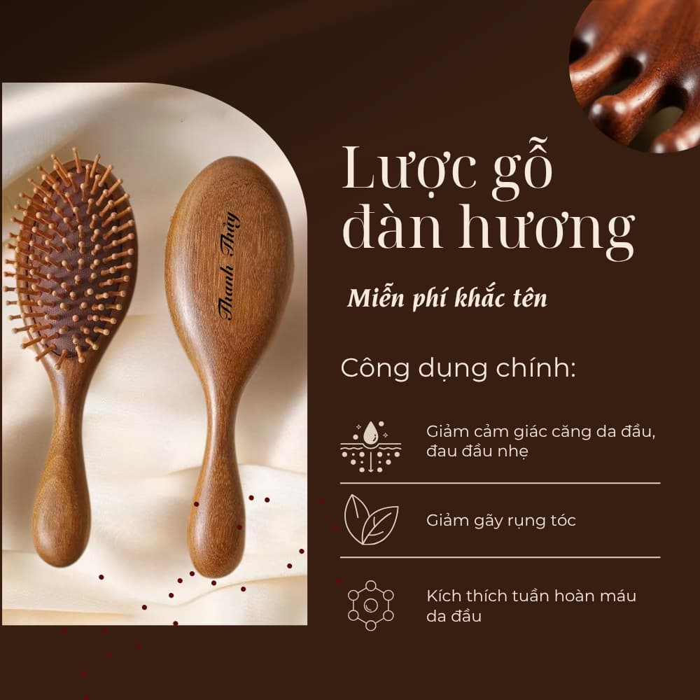 Lược Gỗ Đàn Hương Đệm Khí Khắc Tên Miễn Phí - Massage Da Đầu Giảm Rụng Tóc Chống Tĩnh Điện - Mộc Việt Decor