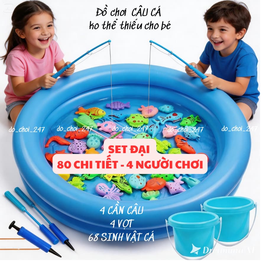 [Rẻ vô địch] Bộ Câu Cá Nam Châm 42 Chi Tiết , 80 Chi Tiết  bao gồm cần câu nhựa, bể phao 2 tầng cho bé