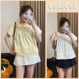 Áo Kiểu Nữ Cổ Sen Tay Bồng Dáng Babydoll Gấu Xếp Ly Nhún Bèo Vải Xốp Nhăn  - Cakecat 1