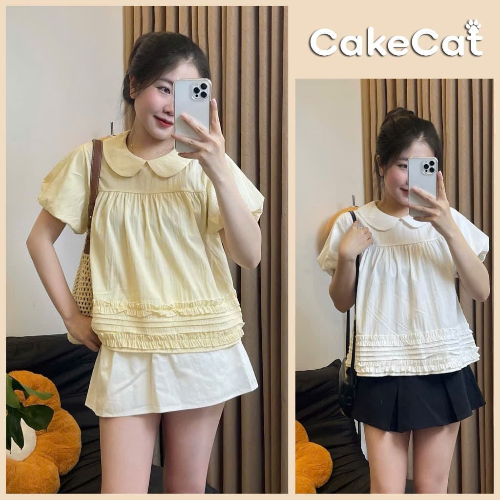 Áo Kiểu Nữ Cổ Sen Tay Bồng Dáng Babydoll Gấu Xếp Ly Nhún Bèo Vải Xốp Nhăn  - Cakecat