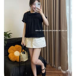 Áo Kiểu Nữ Cổ Sen Tay Bồng Dáng Babydoll Gấu Xếp Ly Nhún Bèo Vải Xốp Nhăn  - Cakecat 4
