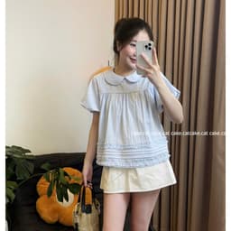 Áo Kiểu Nữ Cổ Sen Tay Bồng Dáng Babydoll Gấu Xếp Ly Nhún Bèo Vải Xốp Nhăn  - Cakecat 3